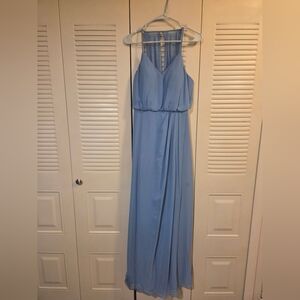 Azazie Blue Halter Maxi Gown with Wrap Slit